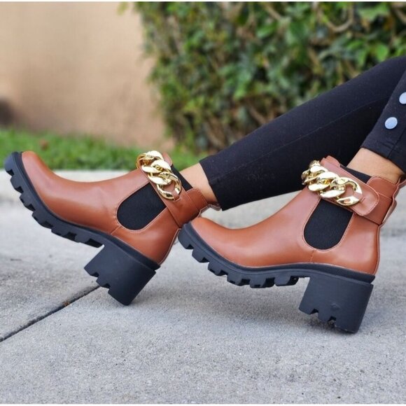 Women's Tan Combat Ankle Boots Heeled Booties - Picture 5 of 6